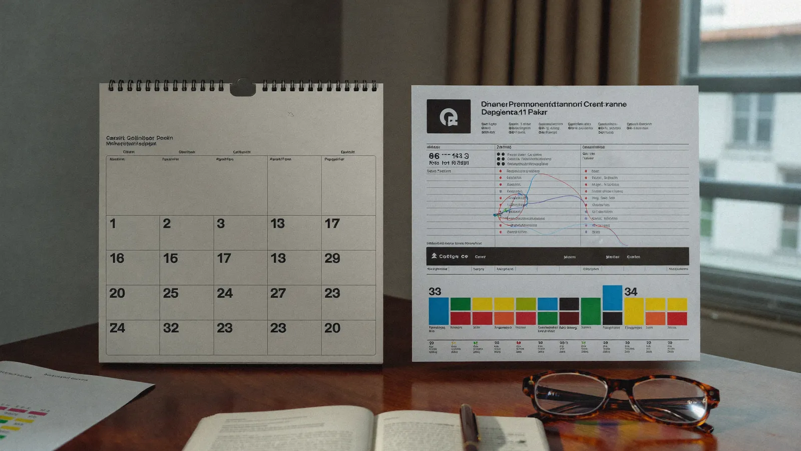 Calendrier 2026 et rapport de diagnostic énergétique posés sur un bureau